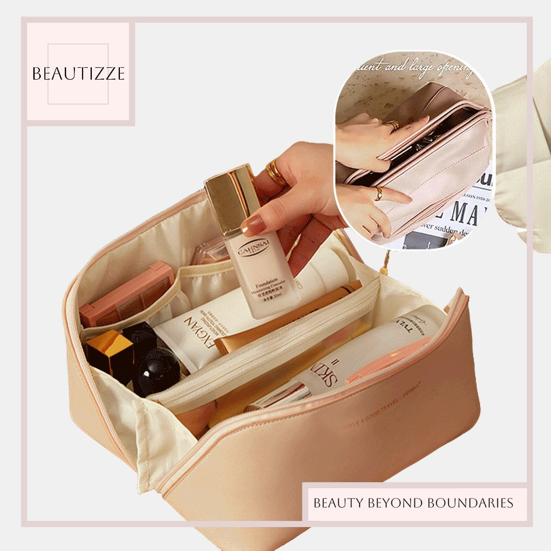 Large Capacity Travel Cosmetic Bag – Waterproof PU Leather Makeup Organizer for Women